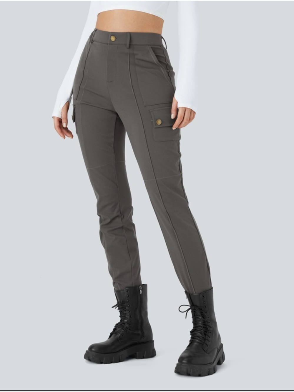 DayStretch High Waisted Zipper Pockets Solid Skinny Cargo Pants - Deep Red Grey